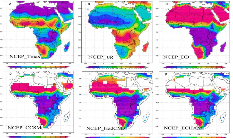 Figura 5. Temperatura máxima (A, °C), umidade relativa (B, %) e número de dias de seca (C)