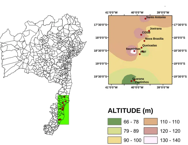 Figura 3. Posição geográfica das localidades estudadas no estado da Bahia e do  Espírito Santo