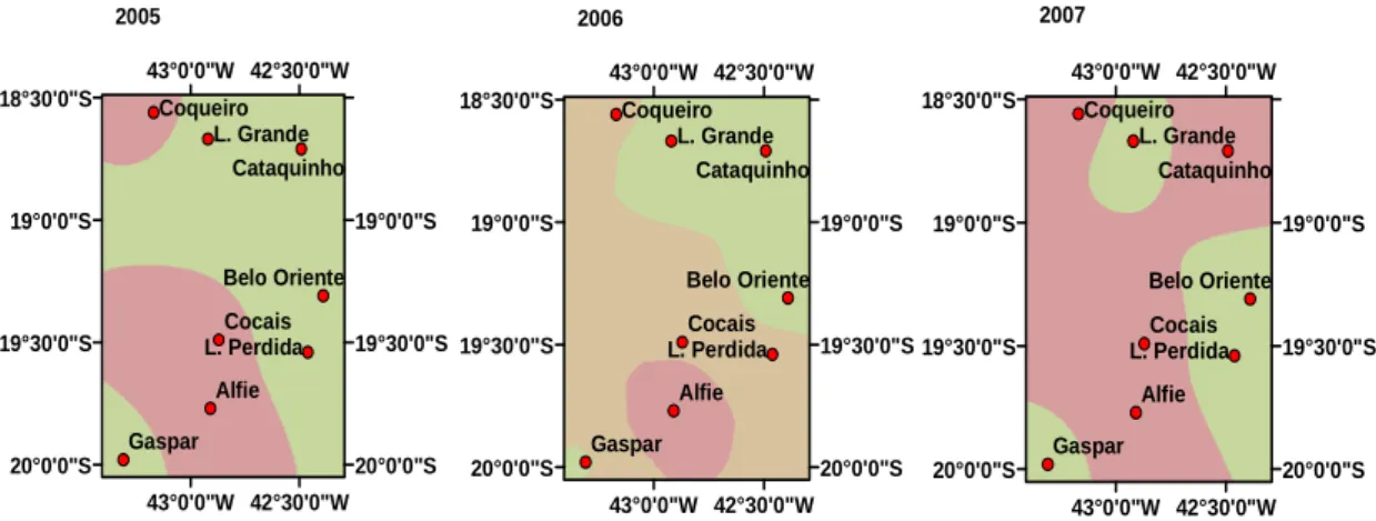 Figura 8 – Espacialização das médias da radiação fotossinteticamente ativa  (molm -2 d -1 ) nos períodos chuvosos para os três anos do estudo (2005-2007) nas  bacias dos rios Doce, São Mateus e Jequitinhonha