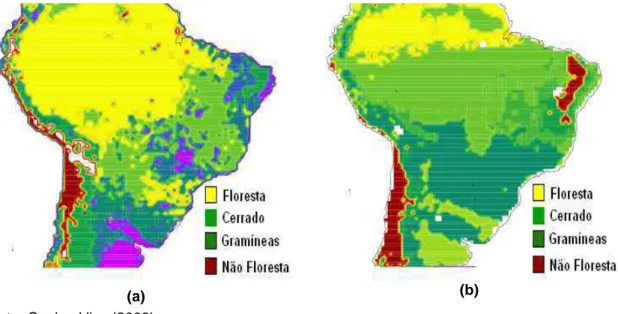 Figura 2 – Distribuição da vegetação atual na América do Sul e distribuição da  vegetação prevista para o futuro