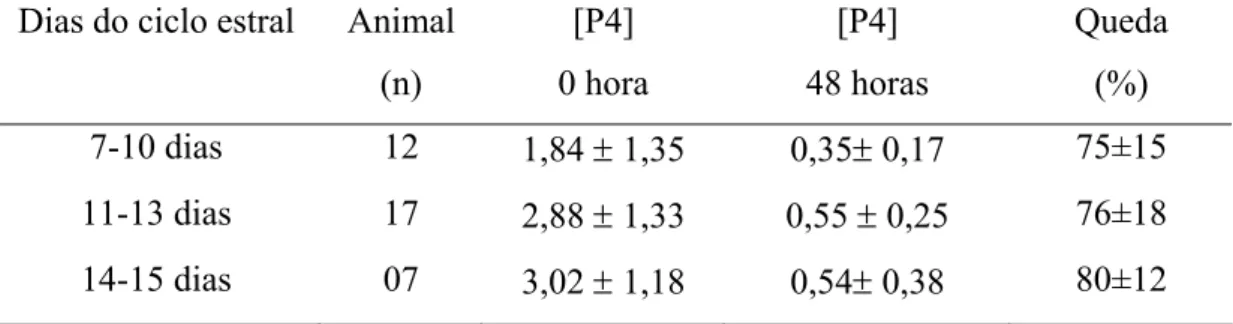 Tabela 04- Concentrações séricas de P4 (ng/mL) em animais em diferentes fases de  diestro no momento anterior e 48 horas após a aplicação do Cloprostenol Sódico