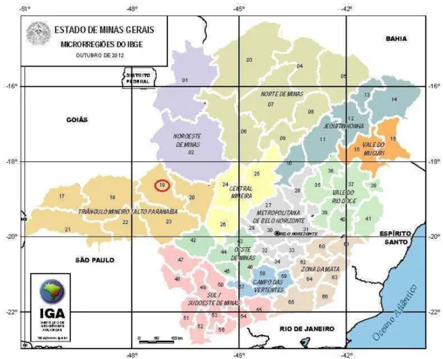 Figura 5. Divisão das Mesorregiões de Minas Gerais com destaque para a Microrregião de  Patrocínio (19) (Adaptado: IGA-Instituto de Geociências Aplicadas, 2013)