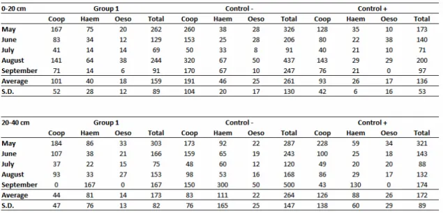 Table 2  Absolute values of  L3 per kg  of  dry matter  obtained  from  pastures  grazed  by  the  calves  treated with the association of the nematophagous fungi D
