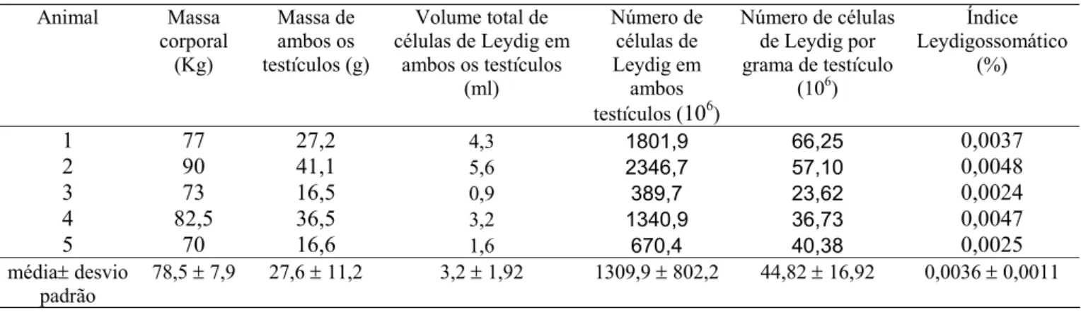 Tabela 3. Massa corporal, massa testicular, número de células de Leydig por testículo e por  grama de testículo e índice gonadossomático em onças-pintadas adultas