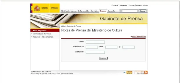 Figura 3. Buscador de Notas de Prensa. Gabinete de Prensa del Ministerio de Cultura. 