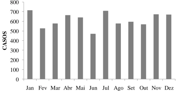 Figura 4 - Distribuição mensal dos casos de DDA notificados, Viçosa-MG, janeiro/2005 a  dezembro/2011 