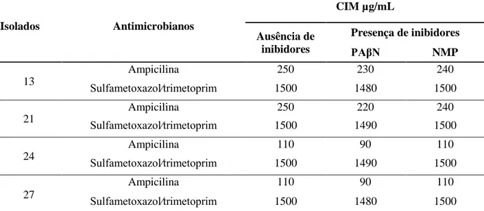 Tabela 2- Concentração inibitória mínima (CIM) dos antimicrobianos em caldo Muller Hinton, nos  isolados de Escherichia coli resistentes, na ausência e presença de  PAβN e NMP
