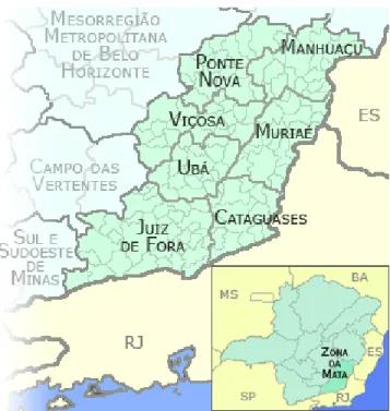 Figura  1:  Imagem  ilustrativa  do  município  de  Viçosa  e  dos  outros  municípios  da  área  de  influência  do  CETAS-UFV  