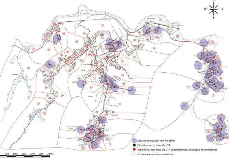 Figura 3: Seleção das residências com casos de LTA para instalação das armadilhas utilizadas para captura de flebotomíneos, município de  Timóteo-MG, novembro de 2009 a outubro de 2010