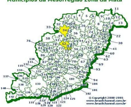 Figura 4.  Mesorregião “Zona da Mata” - MG. Onde os municípios 34, 52 e 55 correspondem  aos municípios de Ponte Nova, Viçosa e Coimbra, respectivamente