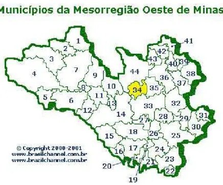 Figura 5.  Mesorregião Oeste de Minas Gerais identificando a microrregião 34: Pedra do Indaiá