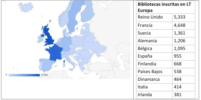 Figura 4. Distribución en Europa de las bibliotecas inscritas en LibraryThing . 