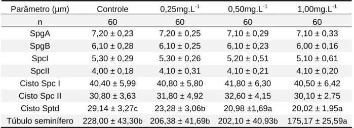 Tabela 6: Valores médios e desvio-padrão para diâmetro dos núcleos de espermatogônia A 