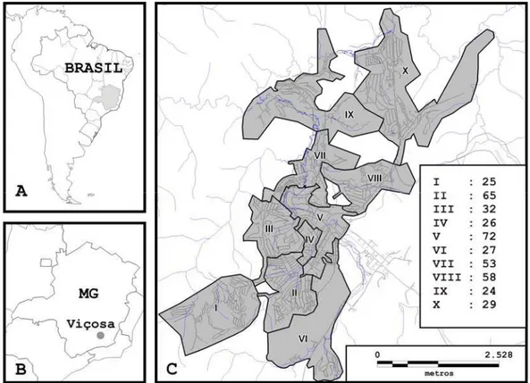 Figura 1. Localização geográfica do estado de Minas Gerais (MG), no Brasil (A); do  município de Viçosa, em MG (B), áreas (I a X) da zona urbana de Viçosa (C) e números 