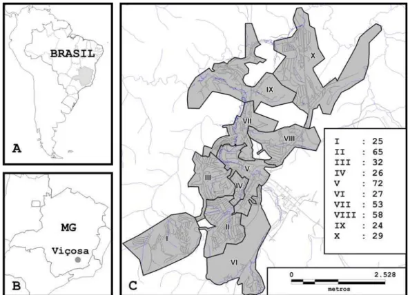Figura 1. Localização geográfica do estado de Minas Gerais (MG), no Brasil (A); do  município de Viçosa, em MG (B), áreas (I a X) da zona urbana de Viçosa (C) e números 