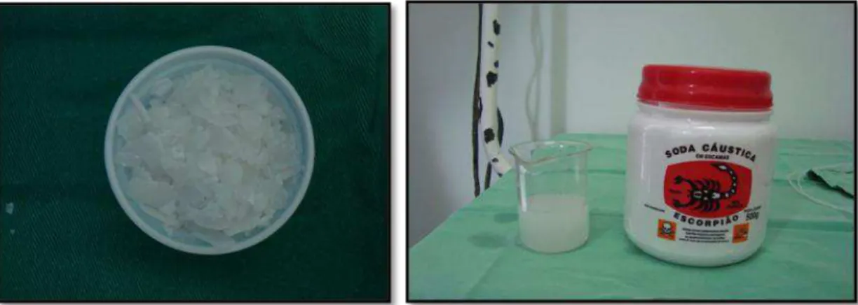 FIGURA 6 - Apresentação em escamas do Hidróxido de Sódio e seu aspecto  após diluição em água