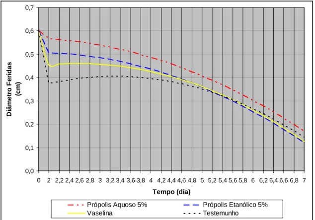 Figura 04 – Análise de Regressão segundo tratamento adotado, Viçosa 2004.  Os dados plotados no gráfico da Figura 04 representam o comportamento das  feridas submetidas aos diversos tratamentos PA5%, PE5%, V e T