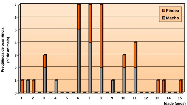 Figura 1 -  Freqüência de acometimento dos cães pelo melanocitoma, segundo a  idade e o sexo