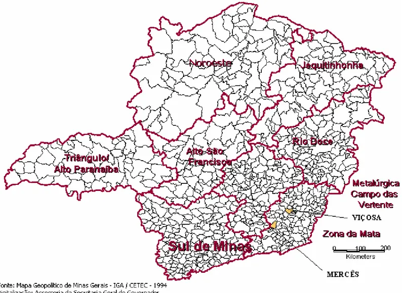 Figura 1 - Localização dos municípios Viçosa e Mercês na macrorregião Zona da Mata, Minas Gerais