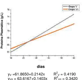 Gráfico 4. Concentrações médias de proteínas plasmáticas nos grupos de fêmeas  V e VII