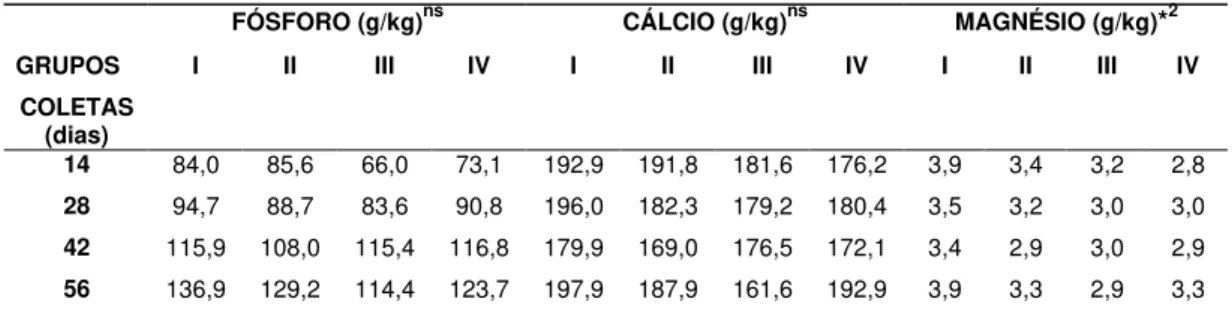 Tabela 4. Concentração média de fósforo, cálcio e magnésio do úmero nos  grupos de machos I, II, III e IV.