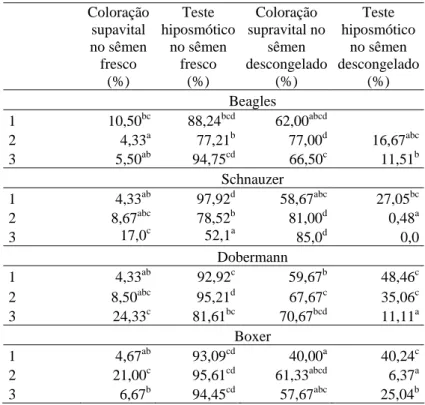 Tabela 1 - Médias individuais de percentual de células reativas ao teste hiposmótico e percentual de  células coradas no teste de coloração supravital, no sêmen fresco e descongelado