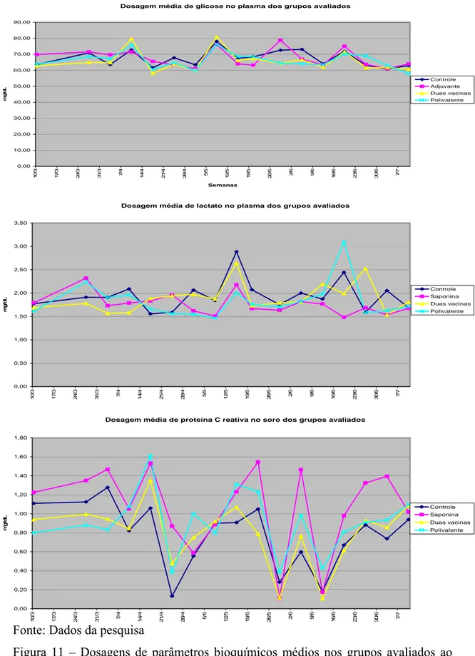 Figura 11 – Dosagens de parâmetros bioquímicos médios nos grupos avaliados ao  longo do tempo