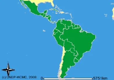 Figura 2 – Países com relato de ocorrência de Cuniculus paca em verde (UNEP- (UNEP-WCMC, 2008) 