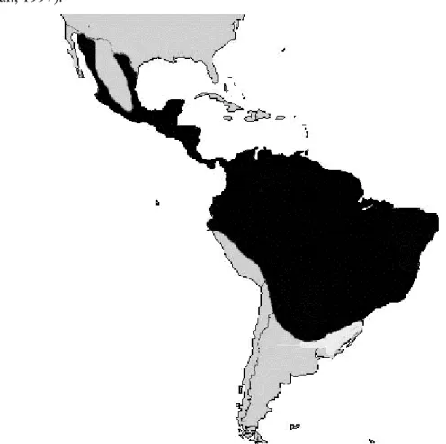 Figura 2. Em coloração escura a distribuição geográfica da jaguatirica (Leopardus 