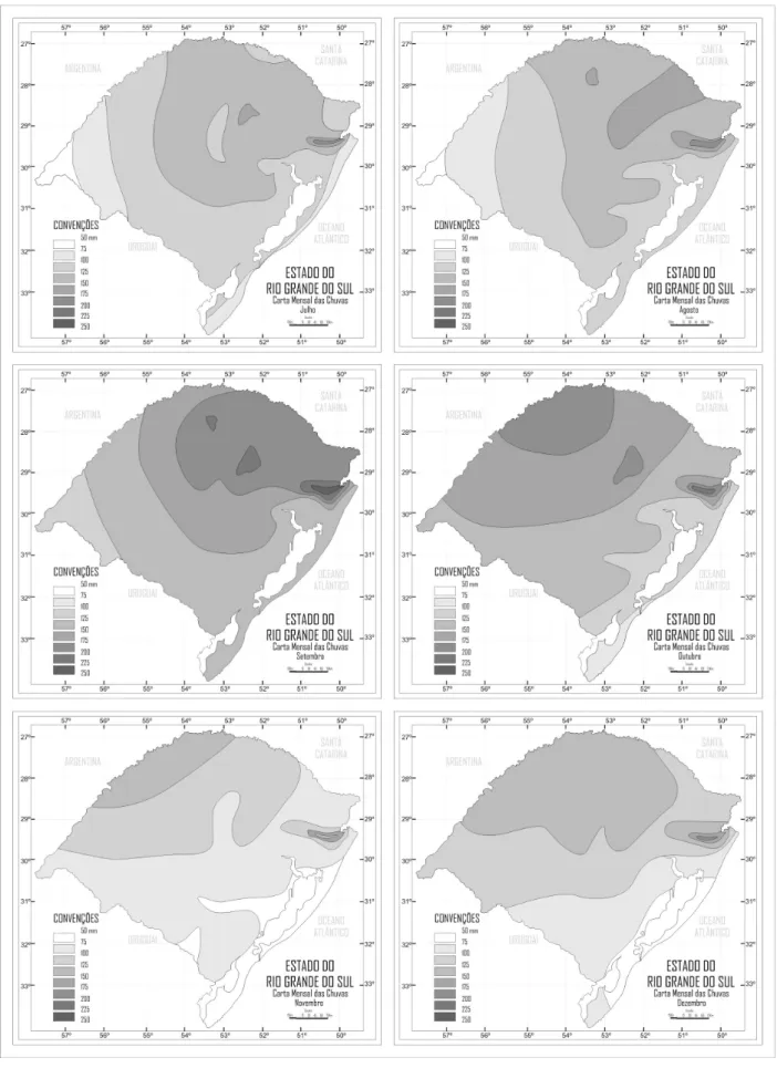 Figura 1 – Cartas da distribuição geográfica da média dos totais mensais de precipitação pluviométrica  no Estado do Rio Grande do Sul, para os doze meses do ano, médias do período 1912-1978.