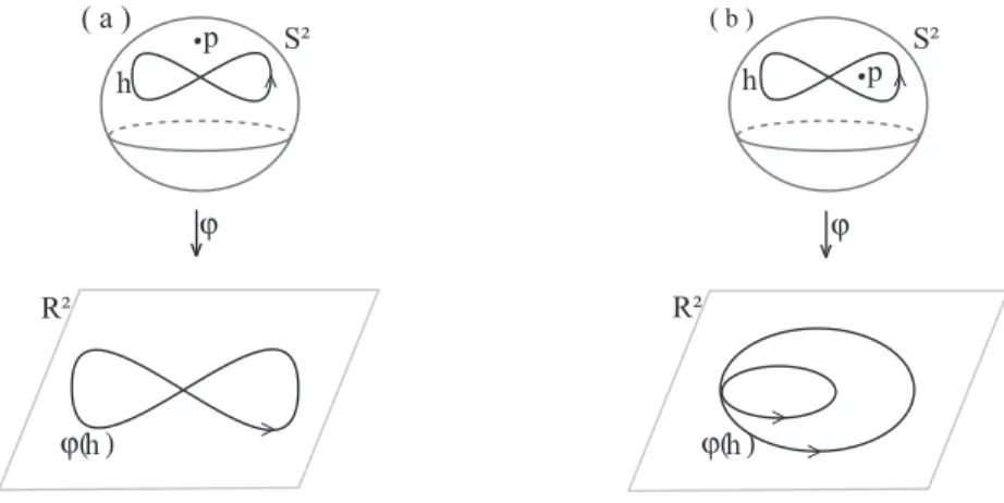 Figura 1.16: Projeções estereográcas distintas de uma mesma curva em S 2 .