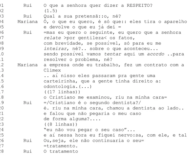 Tabela 3 - Excerto B - Audiência sobre reclamação de tratamento odontológico 