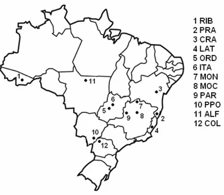 FIGURA 3.  Localização das amostras de  Zabrotes subfasciatus  no Brasil. Os  códigos das localidades correspondem aos demonstrados na  TABELA 1 