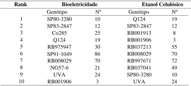 Tabela  11.  Classificação  dos  10  genótipos  mais  promissores  com  base  em  caracteres  químicos  e  tecnológicos  para  produção  de  bioeletricidade  e/ou  etanol  celulósico