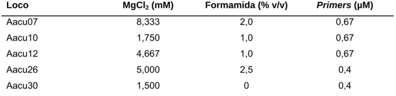 Tabela 2 – Locos microssatélites polimórficos, e suas concentrações de  cloreto de magésio (MgCl 2 ), formamida e  primers.