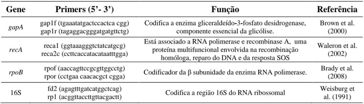 Tabela  1.  Regiões  genômicas  utilizadas  nas  análises  moleculares  com  os  respectivos  oligonucleotídeose funções