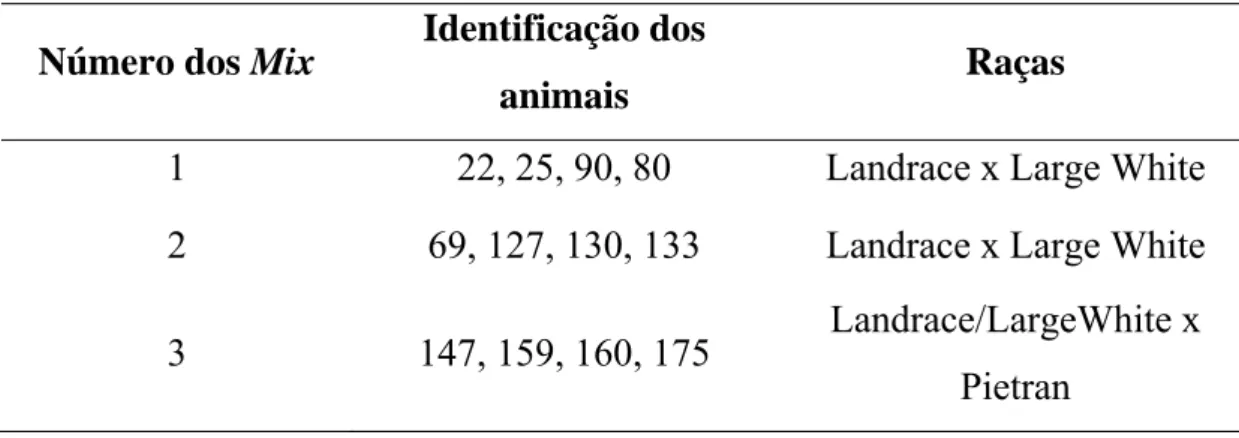 Tabela 2 - Números dos grupos, identificação dos animais e suas respectivas raças. 
