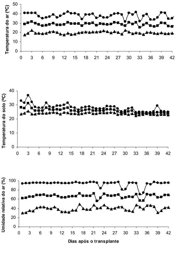 Figura 1 – Valores  médios  diários  das temperaturas do ar e do solo e da  umidade relativa do ar, mínimo ( ▬▲▬), médio (▬■▬) e máximo  ( ▬●▬) no interior da casa de vegetação, durante a condução do  experimento