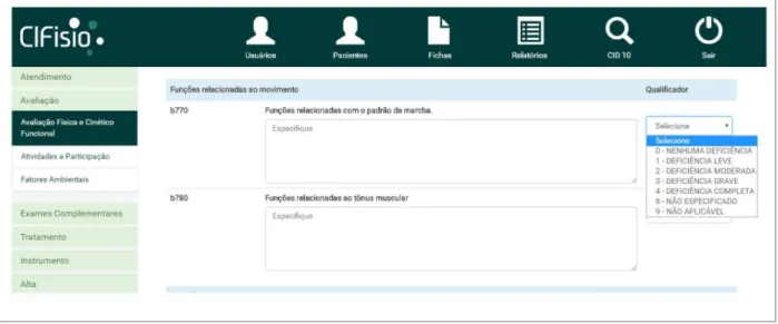 Figura 6. Interface de avaliação física e cinético-funcional do CIFisio