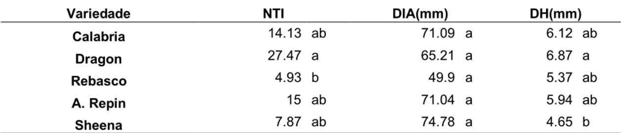 Tabela 10 - Valores médios para número total de inflorescências (NTI), diâmetro de  inflorescência  aberta  (DIA)  e  diâmetro  da  haste  (DH),  para  5  variedades  de  crisântemo, cultivados sob 35 dias longos