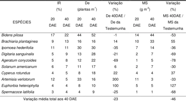 Tabela 3  – Relação das espécies de plantas daninhas ordenadas de forma  decrescente segundo a Importância relativa (IR) aos 40 DAE, com  registro das médias de densidades (De) e biomassa seca (MS) no  tratamento  com  dose  de  200  L  ha -1   de  vinagre