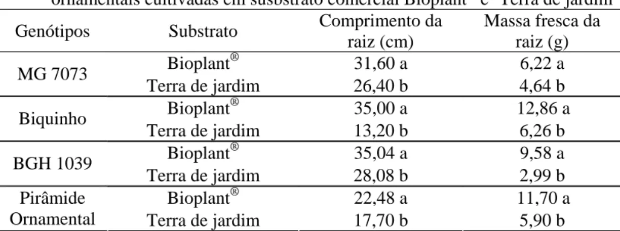 Tabela 4. Características do sistema radicular dos quatro genótipos de pimenteiras  ornamentais cultivadas em susbstrato comercial Bioplant ®  e ‘Terra de jardim’  Genótipos  Substrato  Comprimento da 