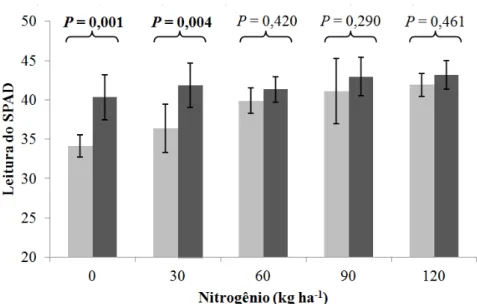 Figura  4  -  Efeitos  da  aplicação  (barra  cinza  escuro)  ou  não  (barra cinza  claro) de 80 g ha -1   de molibdênio na folhagem  em  cada uma das cinco doses de nitrogênio sobre a leitura do SPAD  na floração (R6) do feijão (média ± desvio-padrão) em