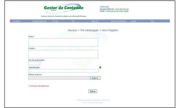 Fig. 1. Tela do módulo de pré-catalogação – formulário de inserção de novo registro. 