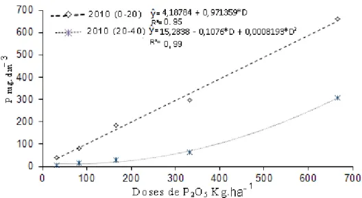 Figura 08:  Teores  de  P  disponível  no  solo,  Extraído pela resina mista, em amostras de solo,  coletada  no  ano  de  2010,  nas  camadas  de  0-20  e  20-40  em  função  da  aplicação  anual  de  doses de fósforo,  nos anos de 2007,  2008 e 2009, em 