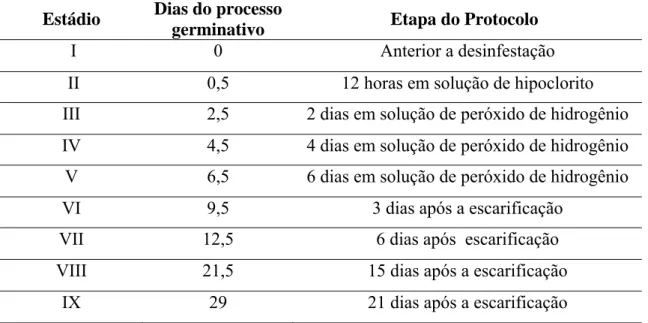 Tabela 1. Descrição dos estádios germinativos de sementes de macaúba utilizados nas  análises