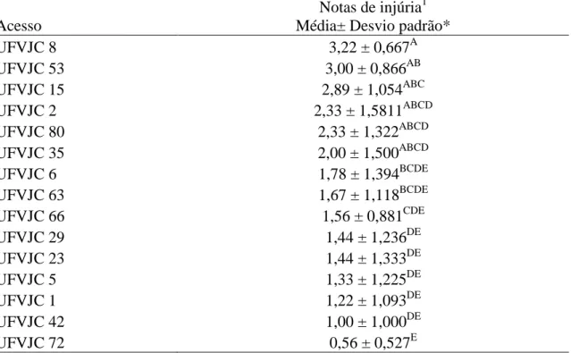 Tabela  4.  Sintomas  de  injúrias  nos  acessos  de  J.  curcas  causados  por  P.latus,  aos  21  dias após infestação