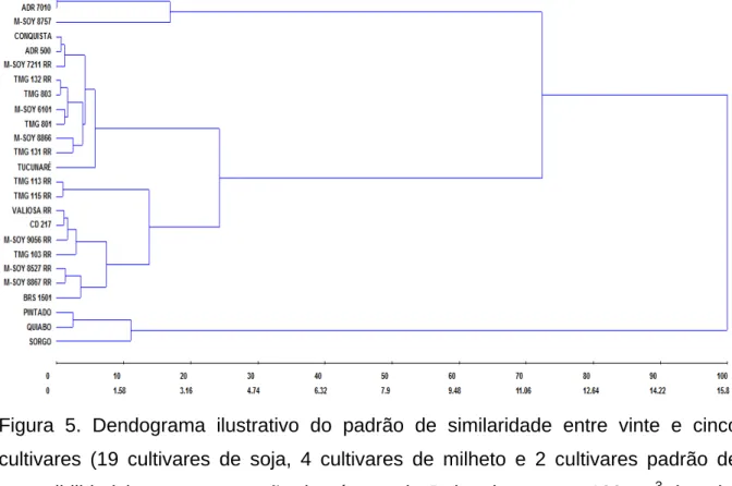 Figura 5. Dendograma ilustrativo do padrão de similaridade entre vinte e cinco  cultivares (19 cultivares de soja, 4 cultivares de milheto e 2 cultivares padrão de  suscetibilidade) para a proporção de número de P