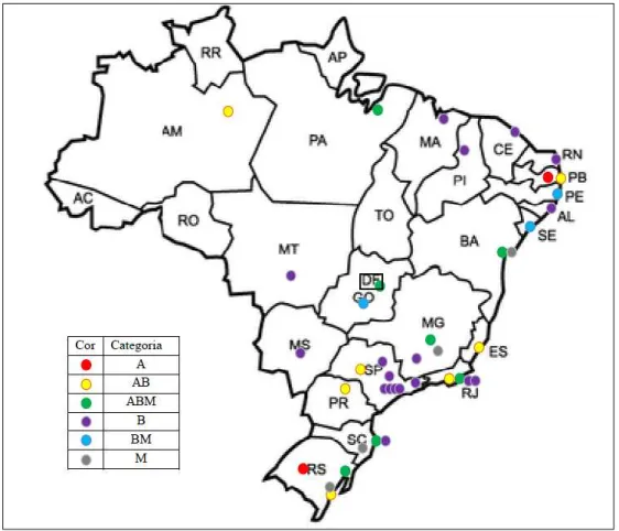 FIGURA 1 - Localização das seis categorias nos estados brasileiros  Fonte: Gabrielle Francinne Tanus, 2013, p.116