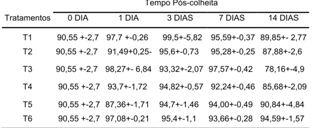 Tabela 3 – Média e erro padrão do teor relativo de água (%) em jiló ‘Tinguá’  submetido a seis tratamentos, durante o período de armazenamento a 5°C e  90% UR